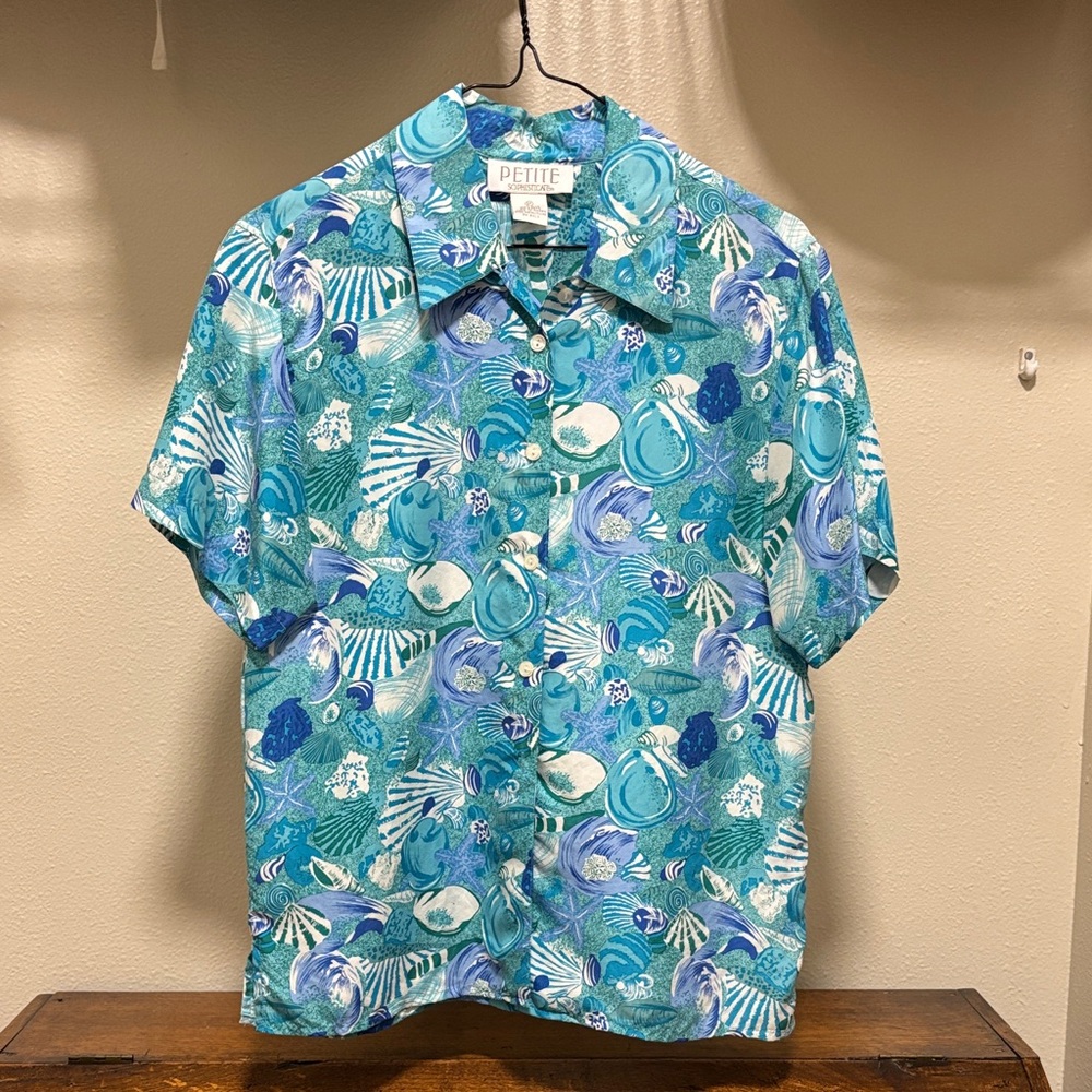 Petite Sophisticates Women’s Silk Blouse with green and blue shell design - P